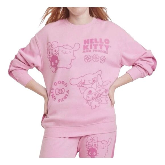 Sanrio Hello Kitty And Friends Two-Tone Graphic Sweatshirt Pink Fleece Knit Crew - Picture 1 of 5